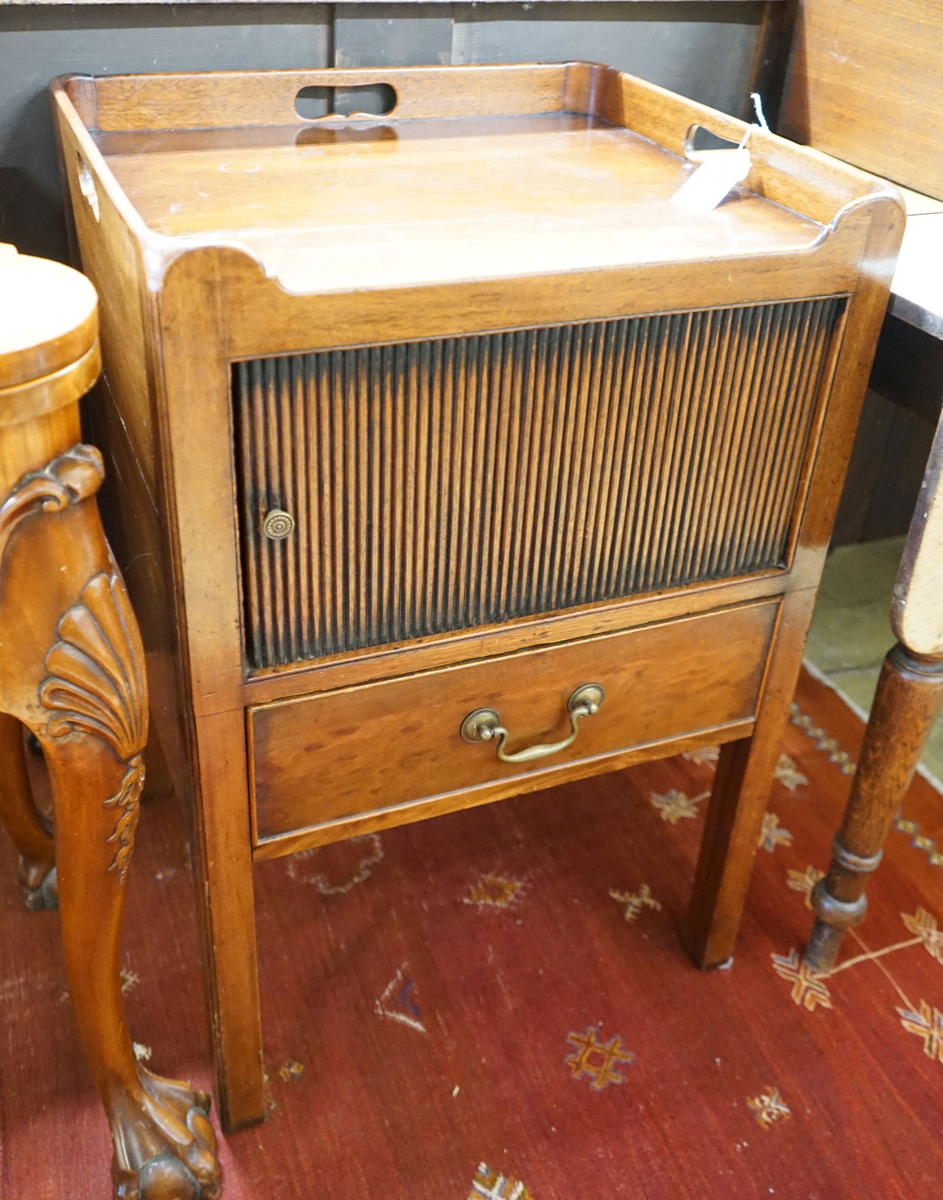 A George III mahogany tray top commode with tambour compartment, width 50cm, depth 46cm, height 77cm